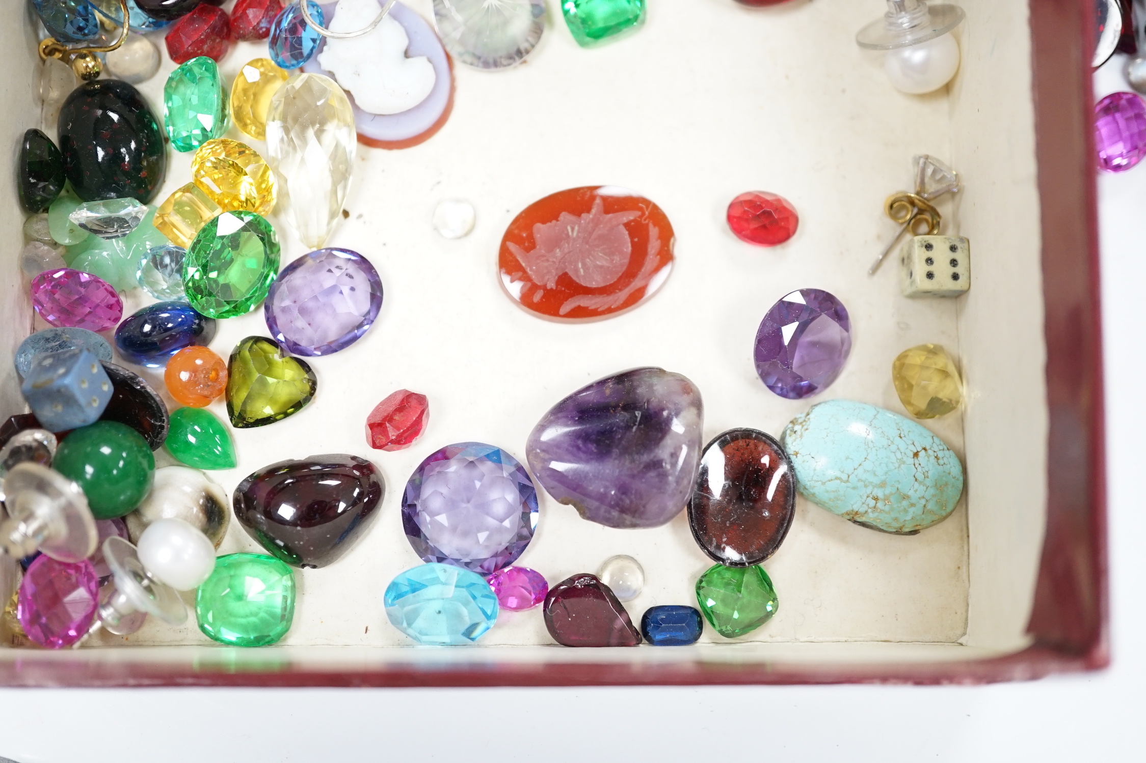 Assorted unmounted cut gemstones including rutilated quartz and other costume jewellery including 925 and paste set tennis bracelet and a 9ct gold ring, etc.